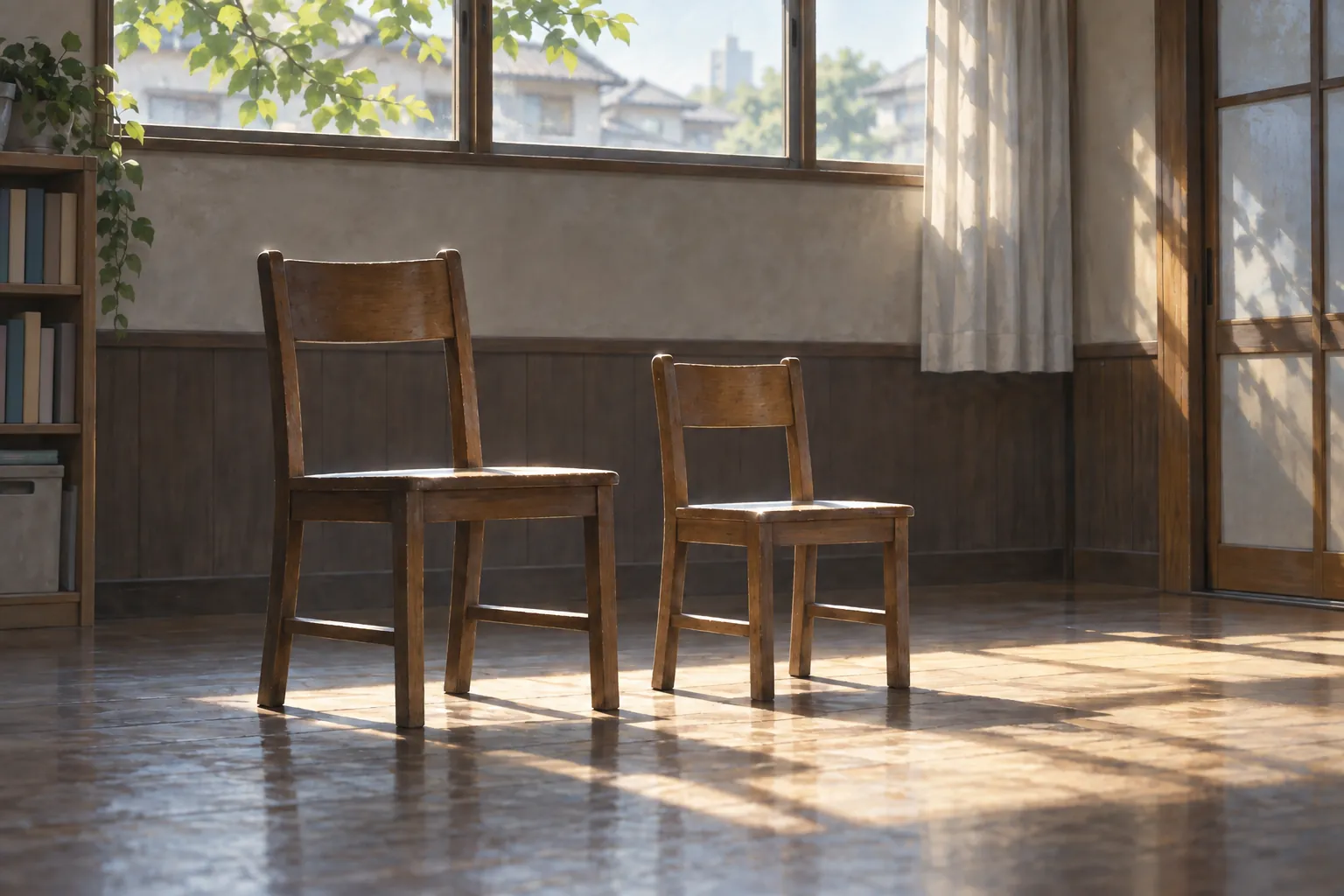 柔らかな窓の光が差す静かな部屋に、大人用の木の椅子と小さな空の椅子が並んでいる。