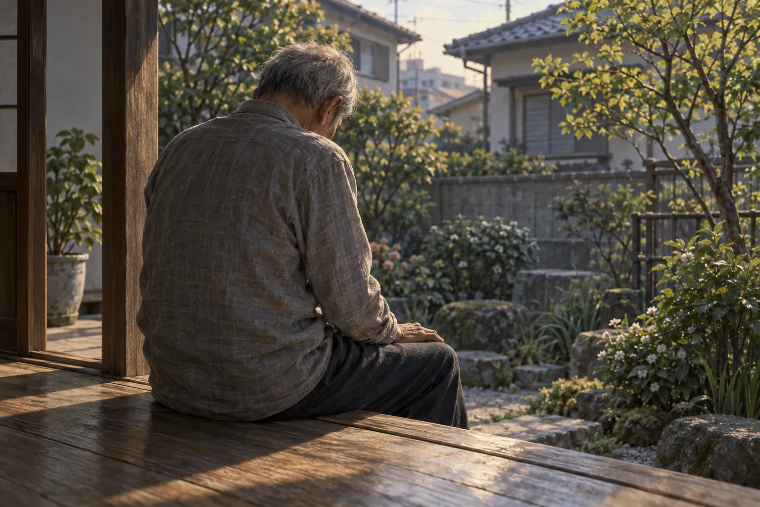 高齢の介護者が小さな庭に面した低い縁側に一人で座り、うつむいて両手を太ももに置いている。