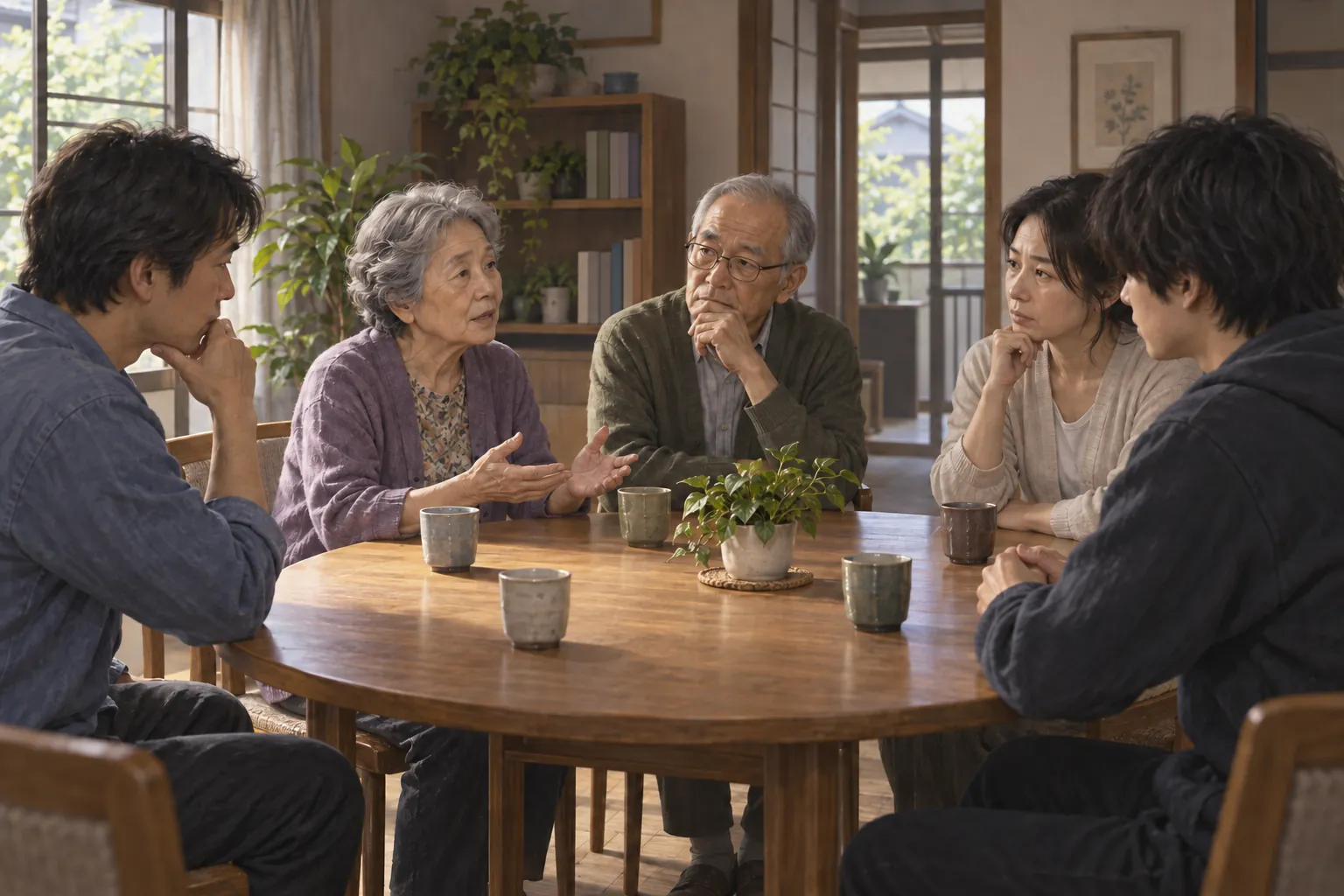 世代の異なる五人の大人が丸い机を囲み、年配の参加者が手を開いて話すのを考え深そうに聞いている。