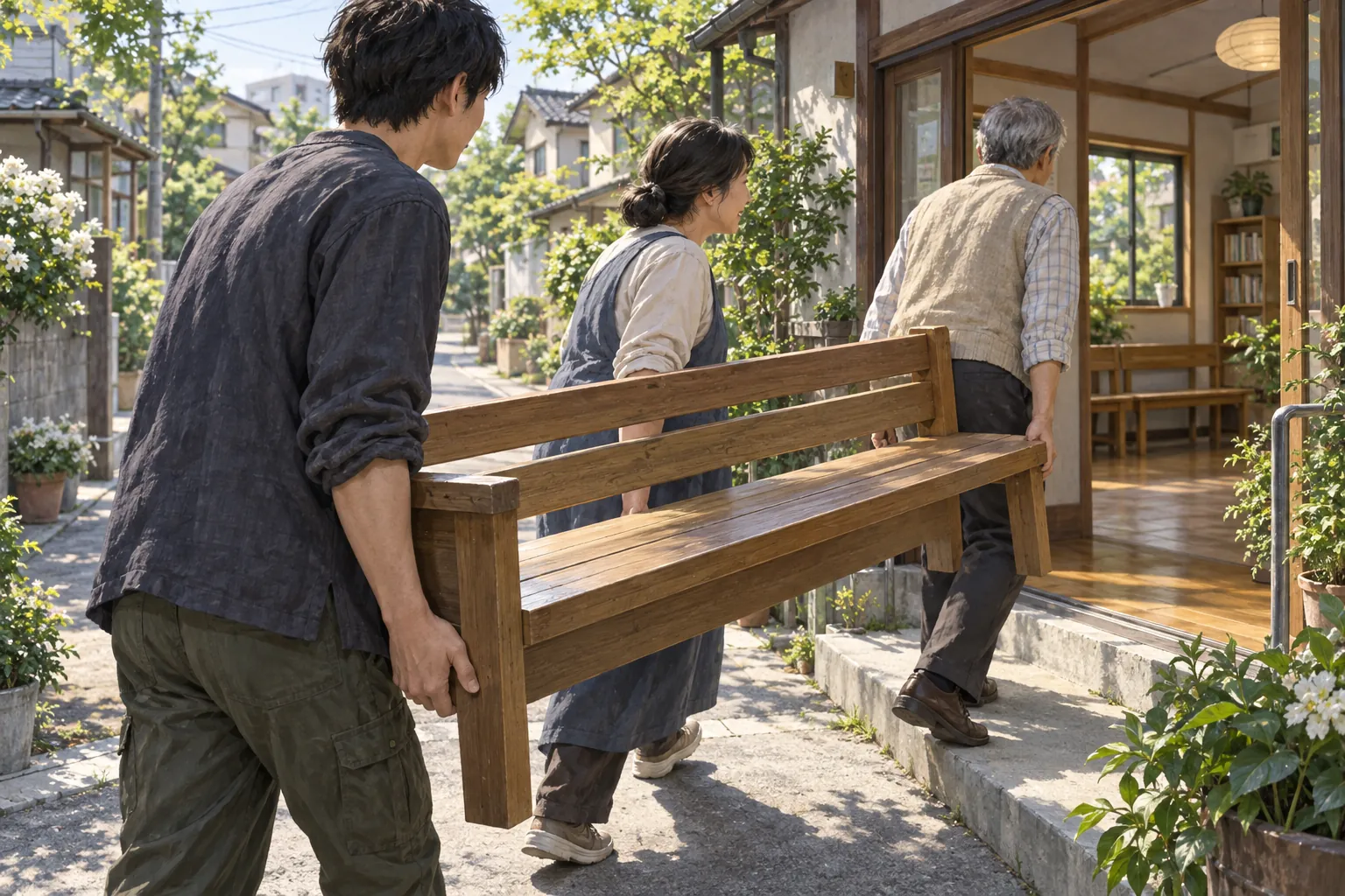 三人の近隣住民が木のベンチを一緒に運んで開いた集会室の入口へ向かい、その空いた座面がこちらを向いている。