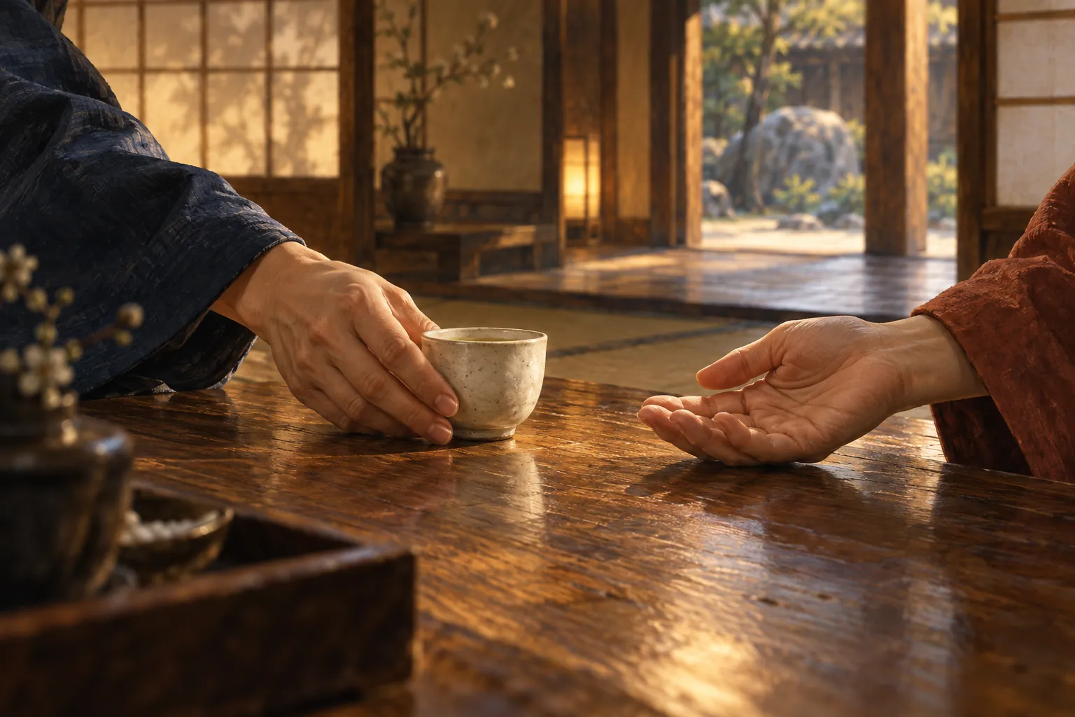 Two hands exchange a plain ceramic cup across a wooden table in a softly lit Japanese interior.
