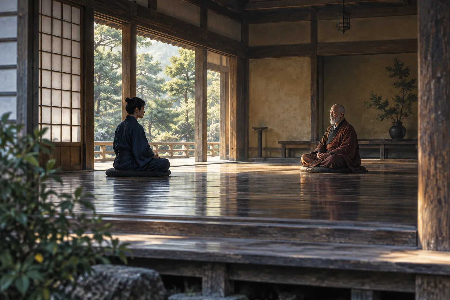 A Japanese Zen teacher and adult disciple sit facing each other across the quiet space of an open wooden practice hall.