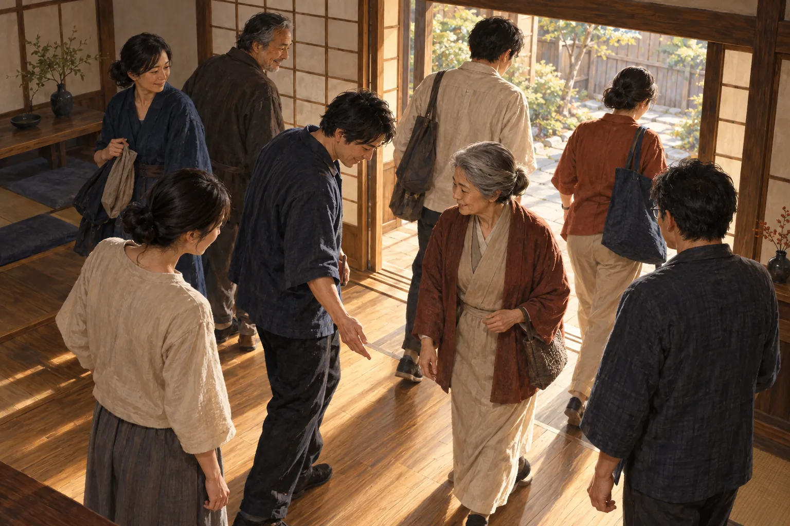 Japanese adults make room for an older woman through glances, slight nods and small movements near an open doorway.