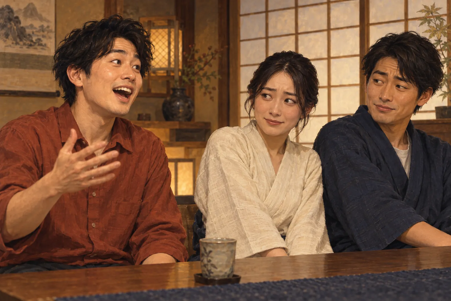 An animated Japanese man gestures while two quiet companions watch him with restrained, uneasy expressions beside a low table.