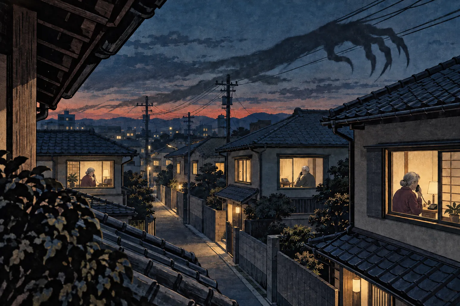 Elderly residents answer telephones in warmly lit Japanese homes beneath a clawlike shadow stretching along overhead wires.