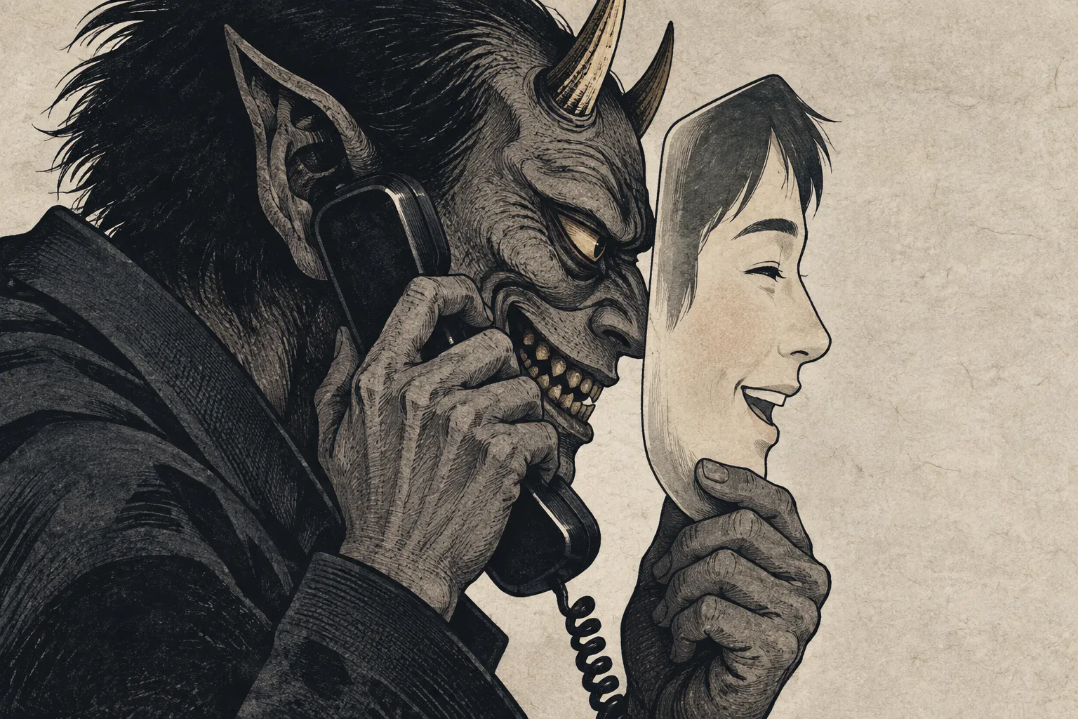 A horned goblin whispers into a receiver while holding a smiling young man's mask before its face.