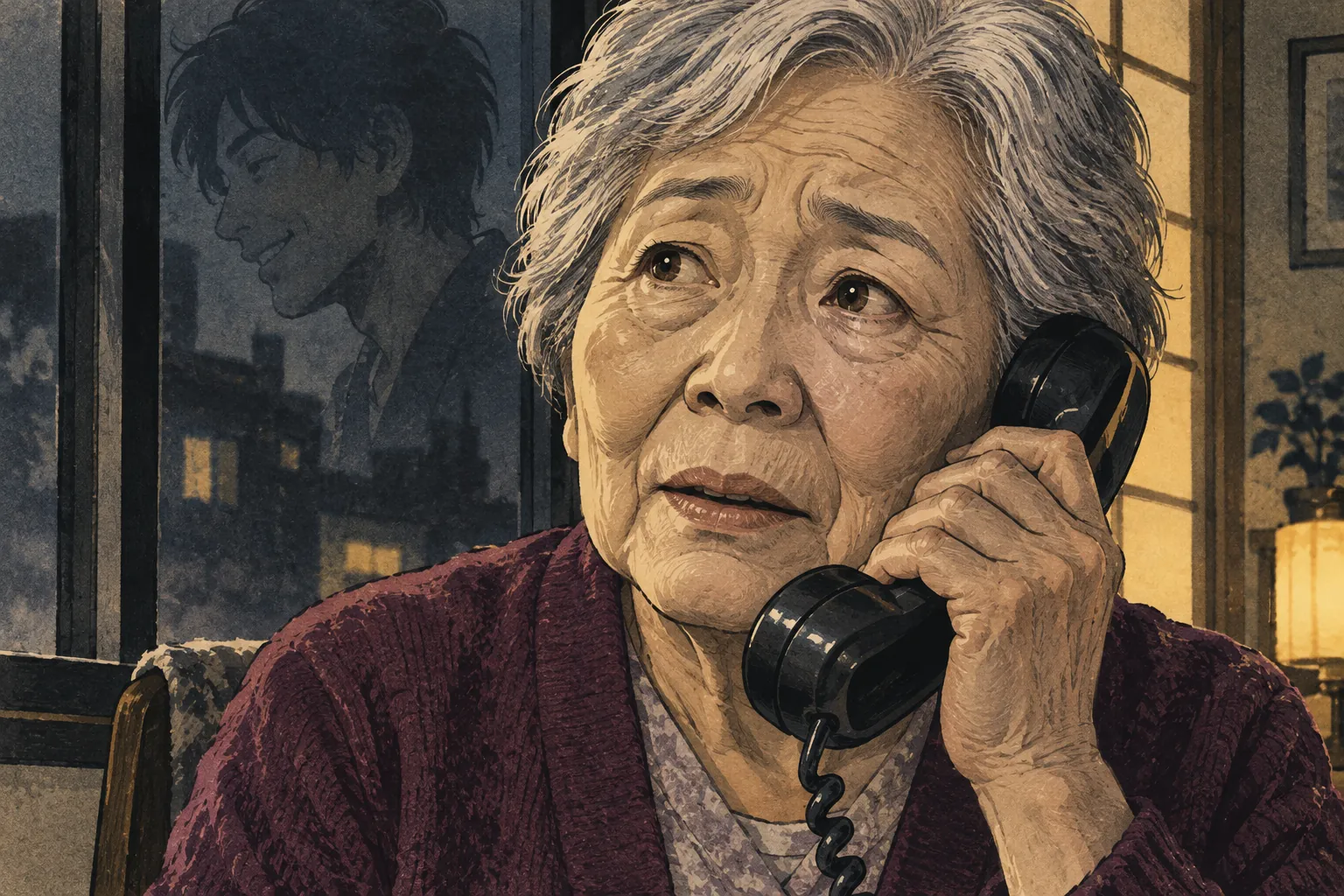 A worried silver-haired woman listens to a telephone as a young man's ghostly silhouette appears in the window behind her.