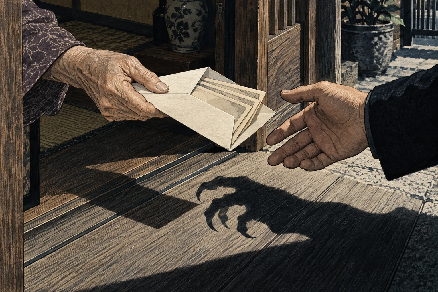 An elderly woman's hand offers an envelope of banknotes to a collector whose shadow forms hooked goblin fingers.