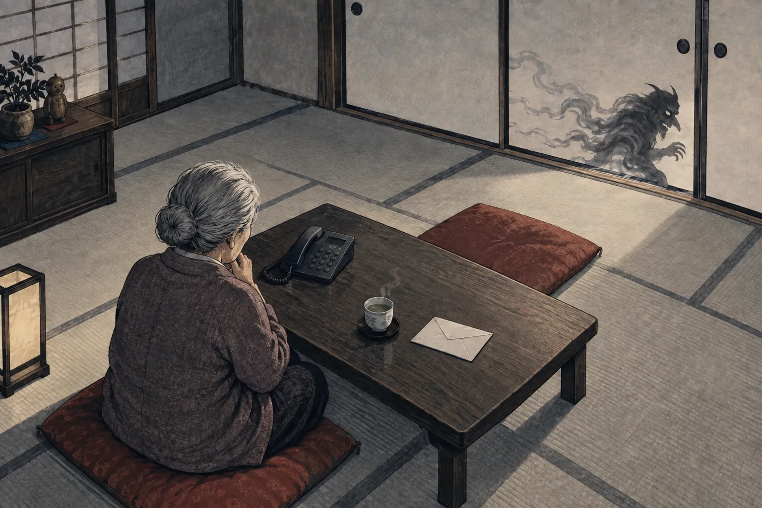 An elderly woman sits beside a silent telephone and an empty cushion as a goblin-shaped shadow retreats along the sliding door.