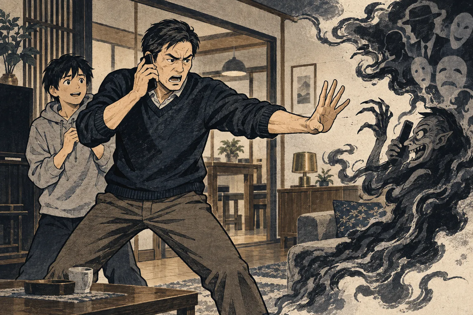 A father rebukes a caller while shielding his son with an open hand as a spectral fraudster recoils.