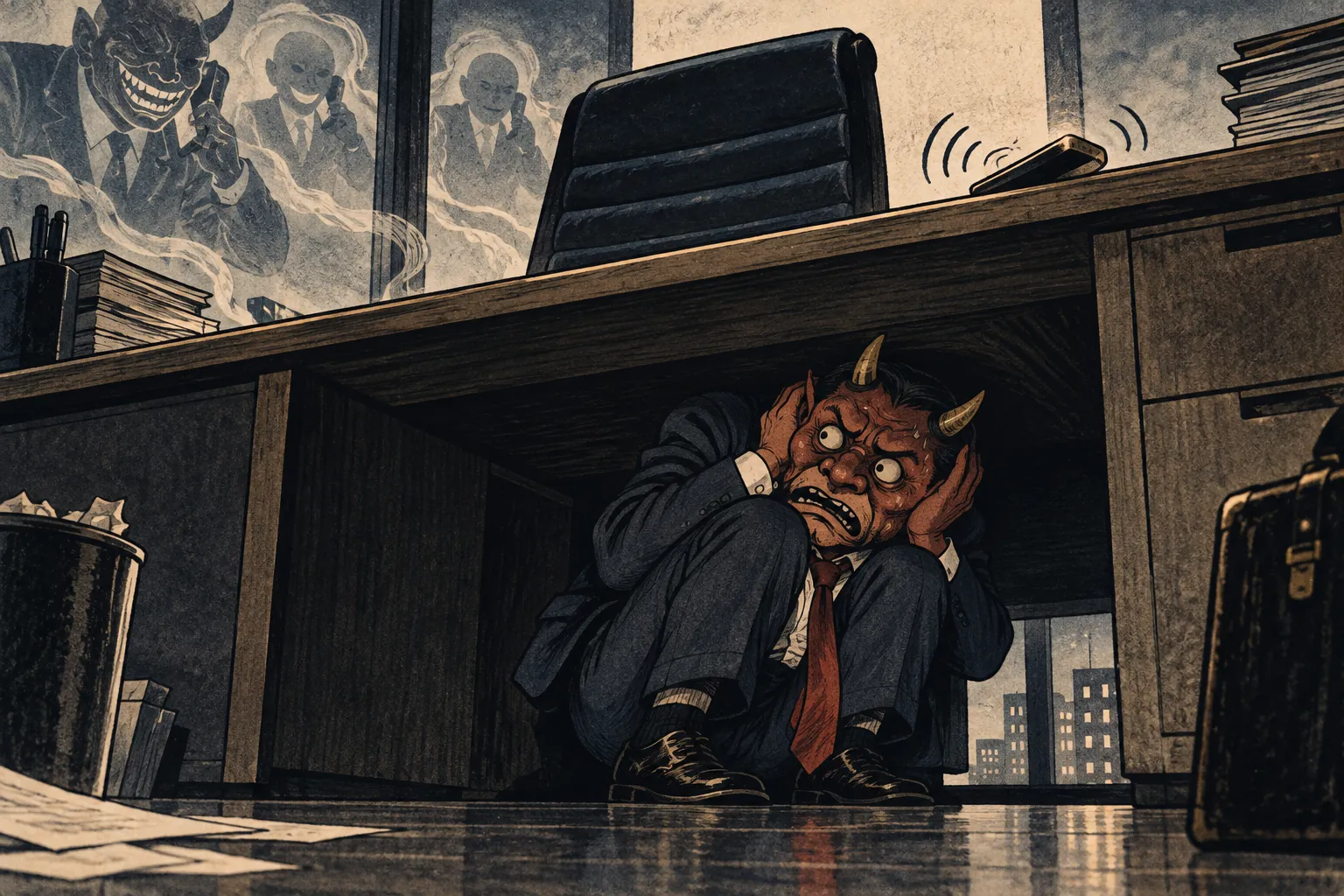 A frightened suited goblin hides beneath a desk, covering its ears while a mobile phone vibrates overhead.
