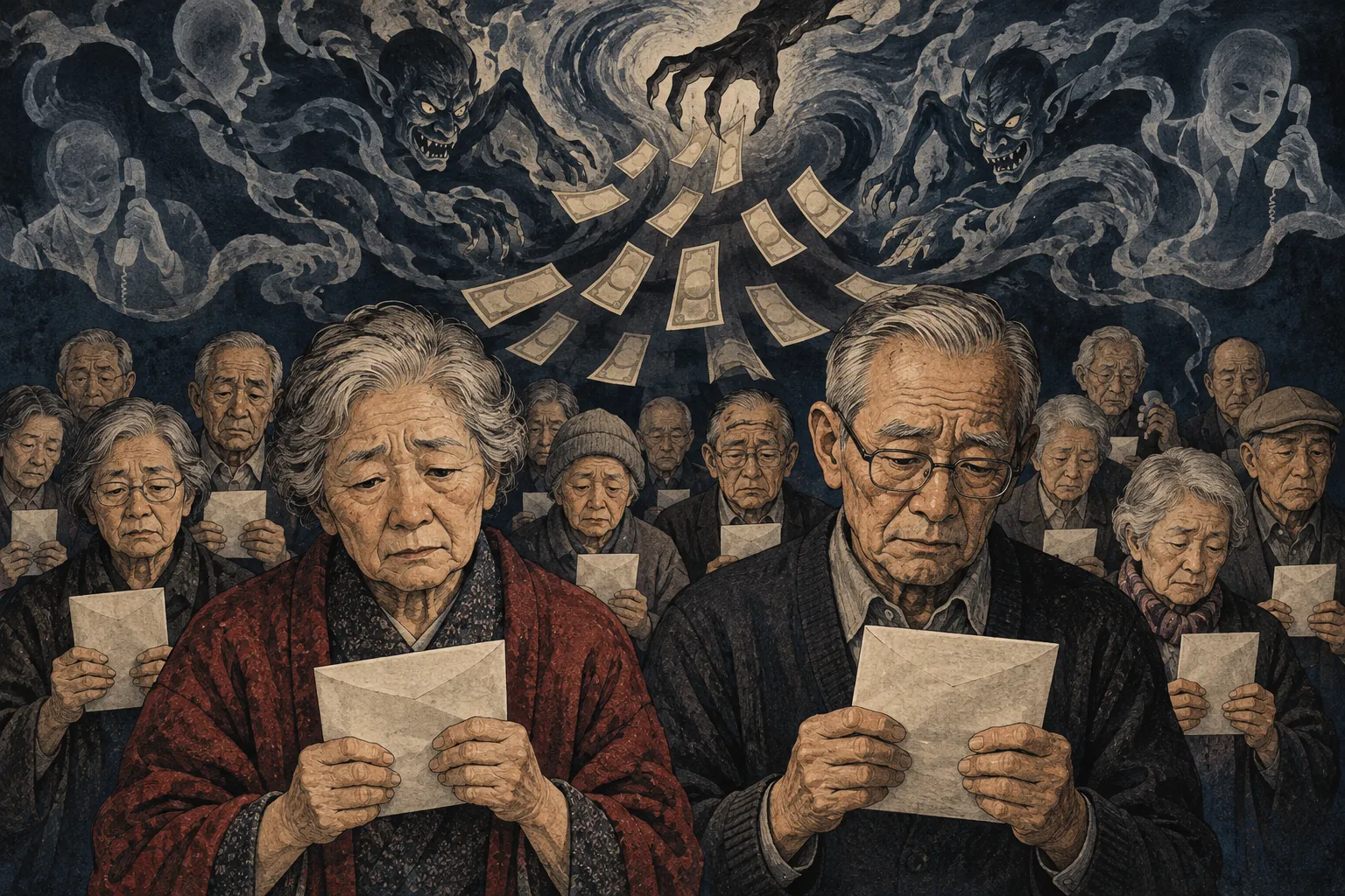 Older women and men hold envelopes beneath swirling goblins and spectral callers drawing their banknotes into the air.