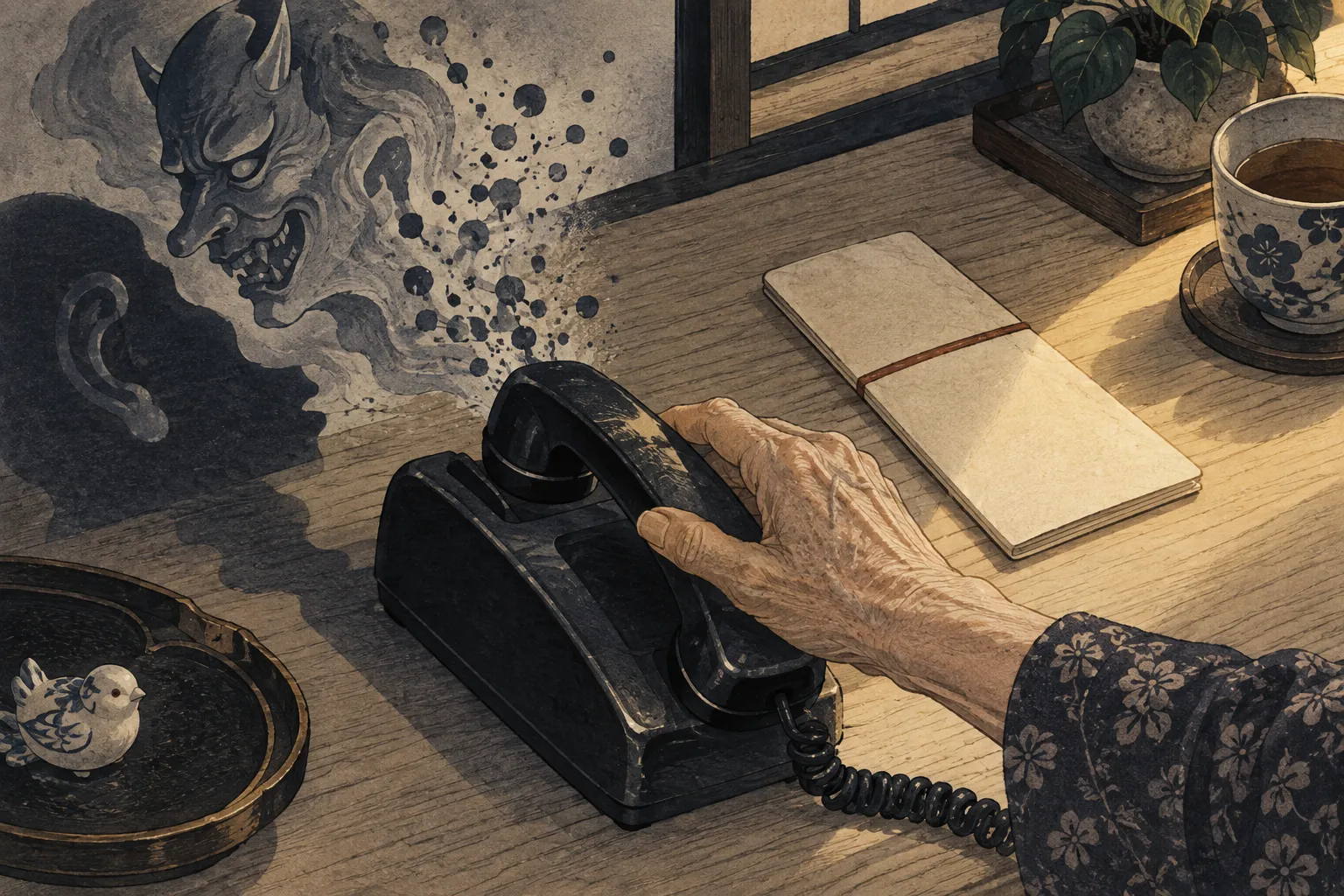 An elderly hand lowers a receiver onto its cradle beside bundled savings envelopes as a goblin's face dissolves into ink.