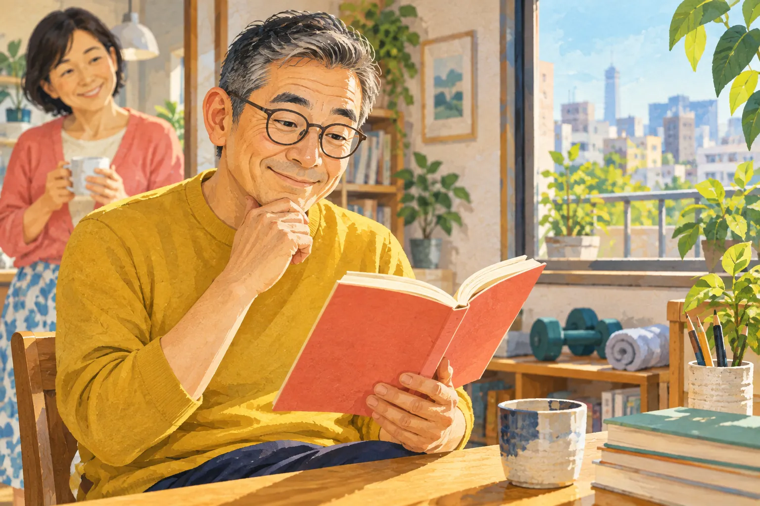 A bespectacled man smiles over an open book beside a bright window, with exercise gear resting on a nearby shelf.