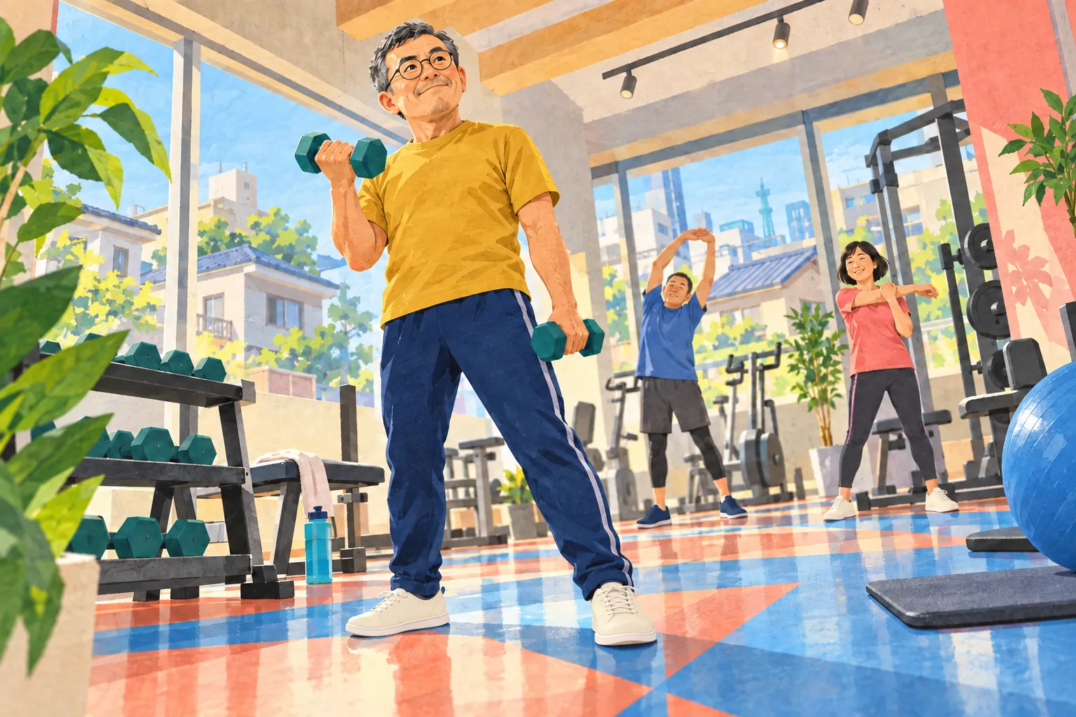 A middle-aged man carefully lifts small dumbbells in a sunny gym while two other adults stretch behind him.