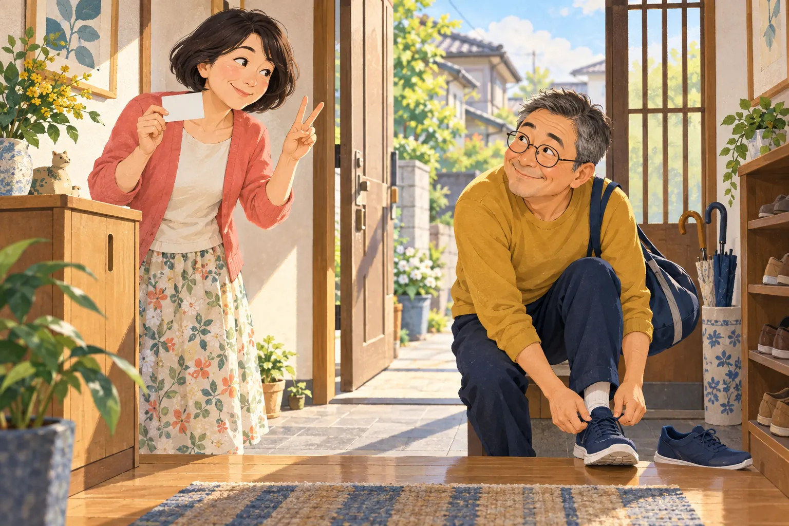 At a sunny doorway, a smiling wife raises two fingers and holds a blank card while her husband prepares to leave with his gym bag.