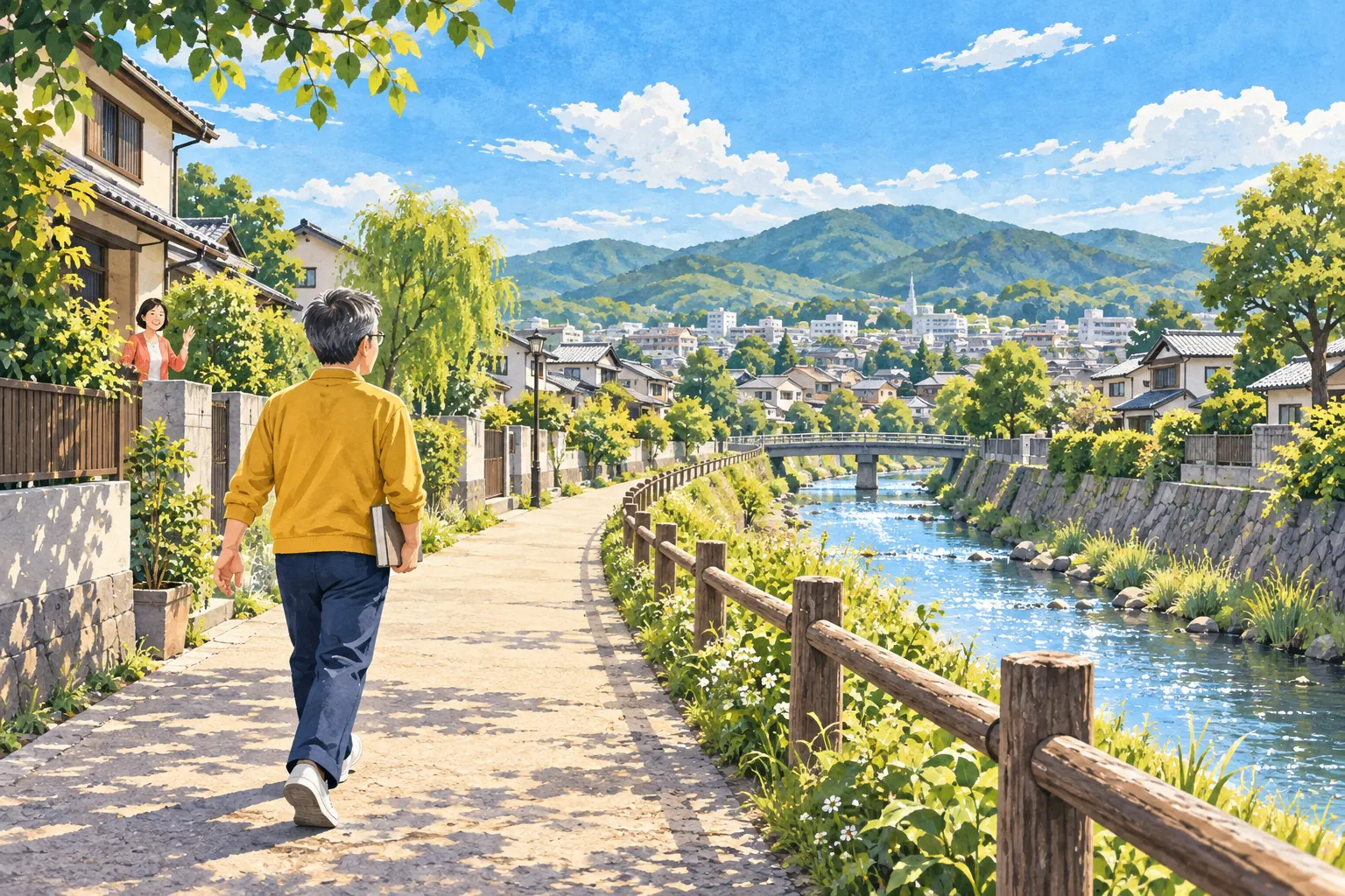 A man carrying a plain book begins along a sunlit canal path that curves past Japanese houses toward distant green hills.