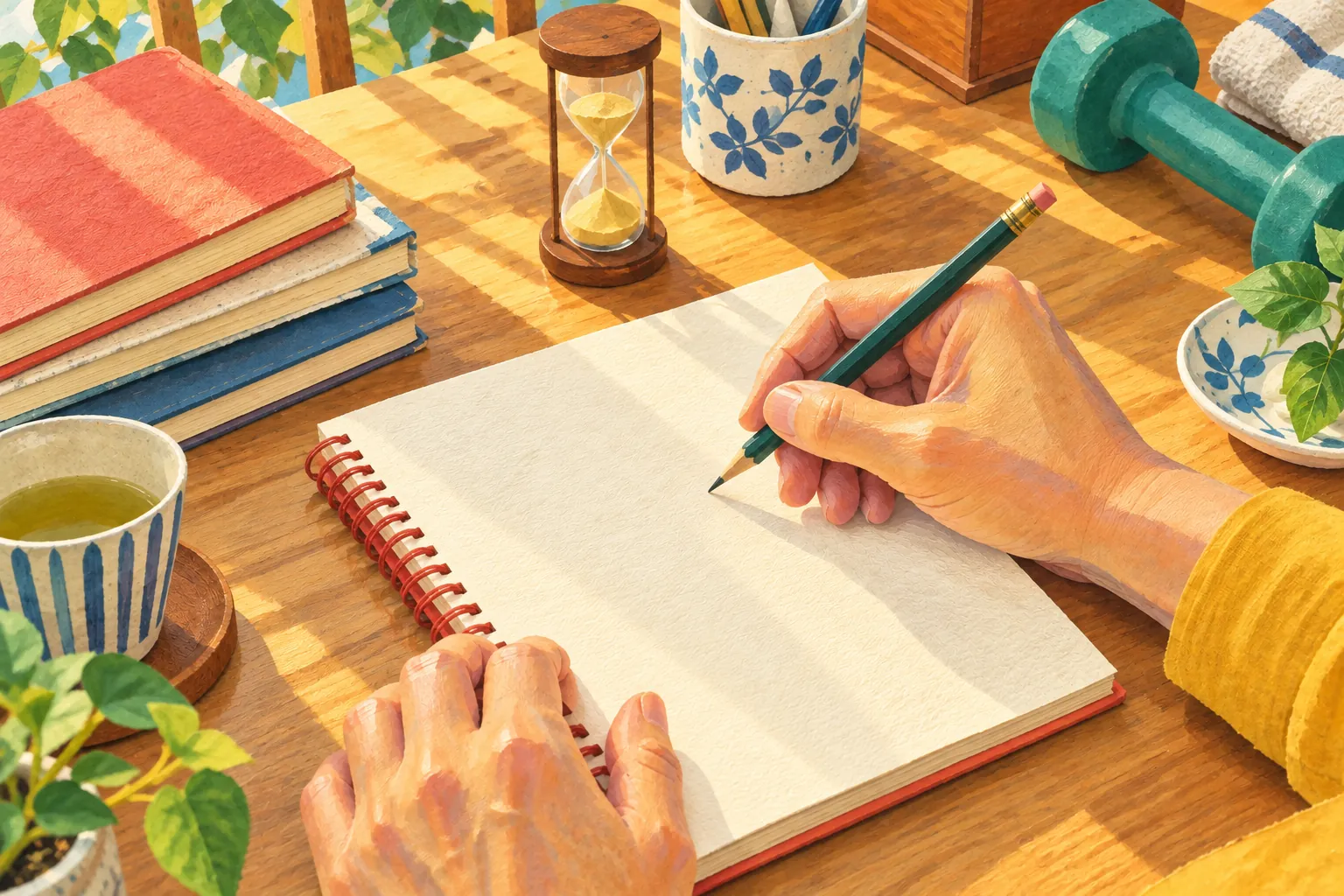 Hands prepare a pencil and blank notebook beside a small sand timer and a stack of worn practice books on a sunlit desk.