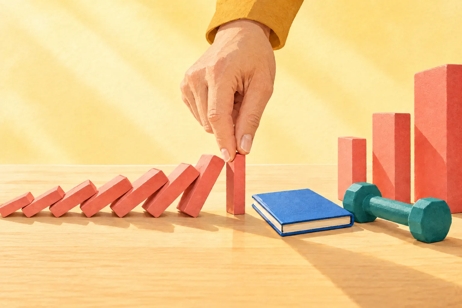 A hand interrupts a chain of tipping coral blocks beside a plain study notebook and small dumbbell in warm sunlight.