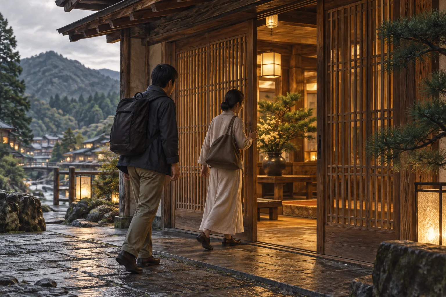 A woman steps through an open wooden lattice doorway into a glowing inn while her traveling companion follows.