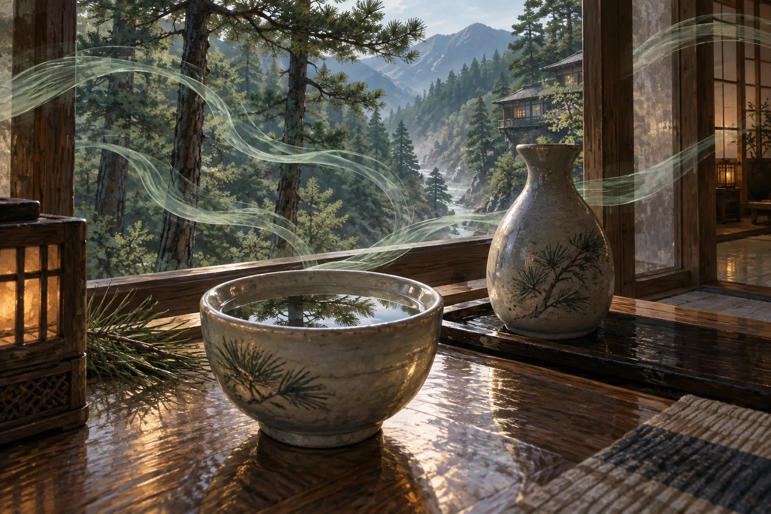 A ceramic sake cup and flask rest by an open window, while translucent green ribbons evoke pine-scented air.