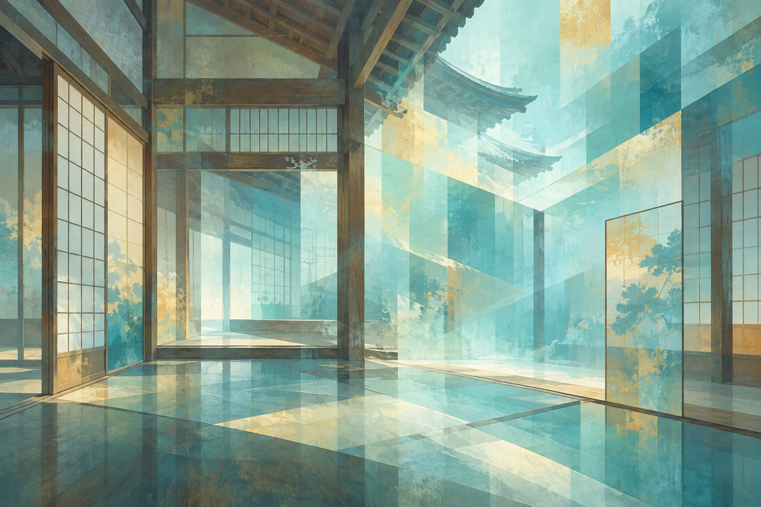 Shoji grids and timber forms dissolve into overlapping planes of jade, pale gold and cyan light.