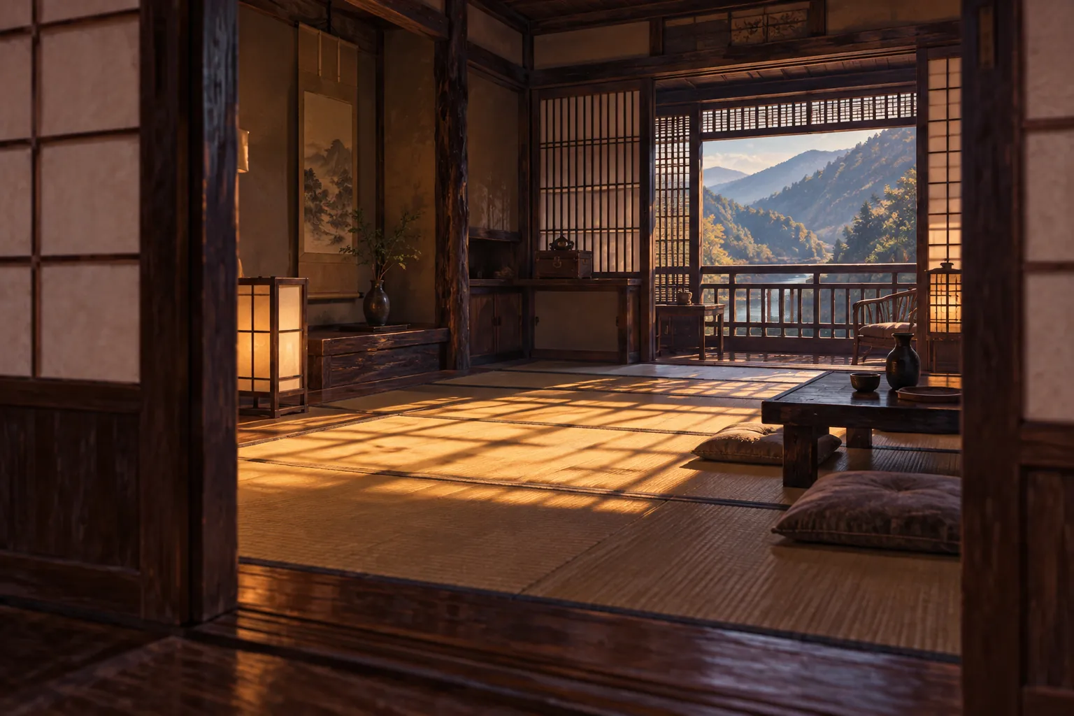 A quiet tatami room opens toward distant mountains, with geometric sunlight spreading across the floor like an empty stage.