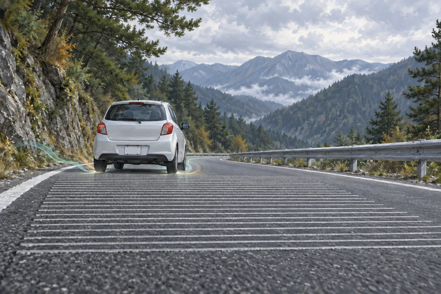 A white car crosses transverse grooves on a pine-lined mountain road, with delicate colored ribbons suggesting sound beside its tires.