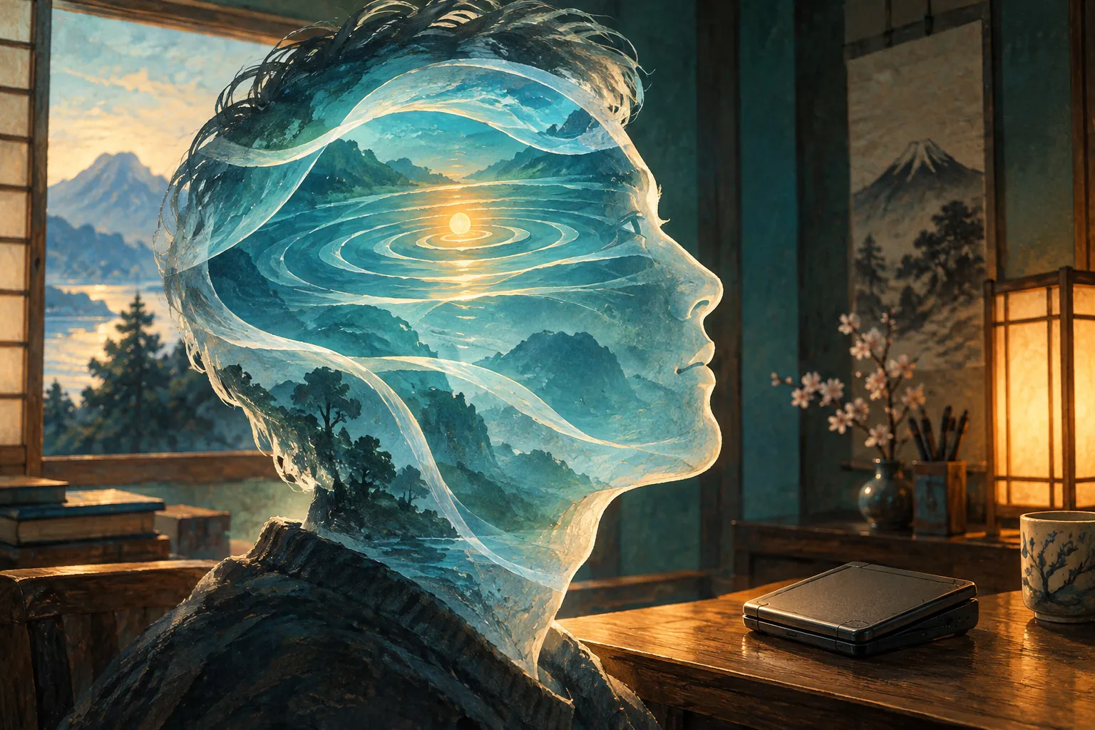 A translucent human profile contains blue mountains and expanding golden ripples beside a closed study device in a warmly lit room.