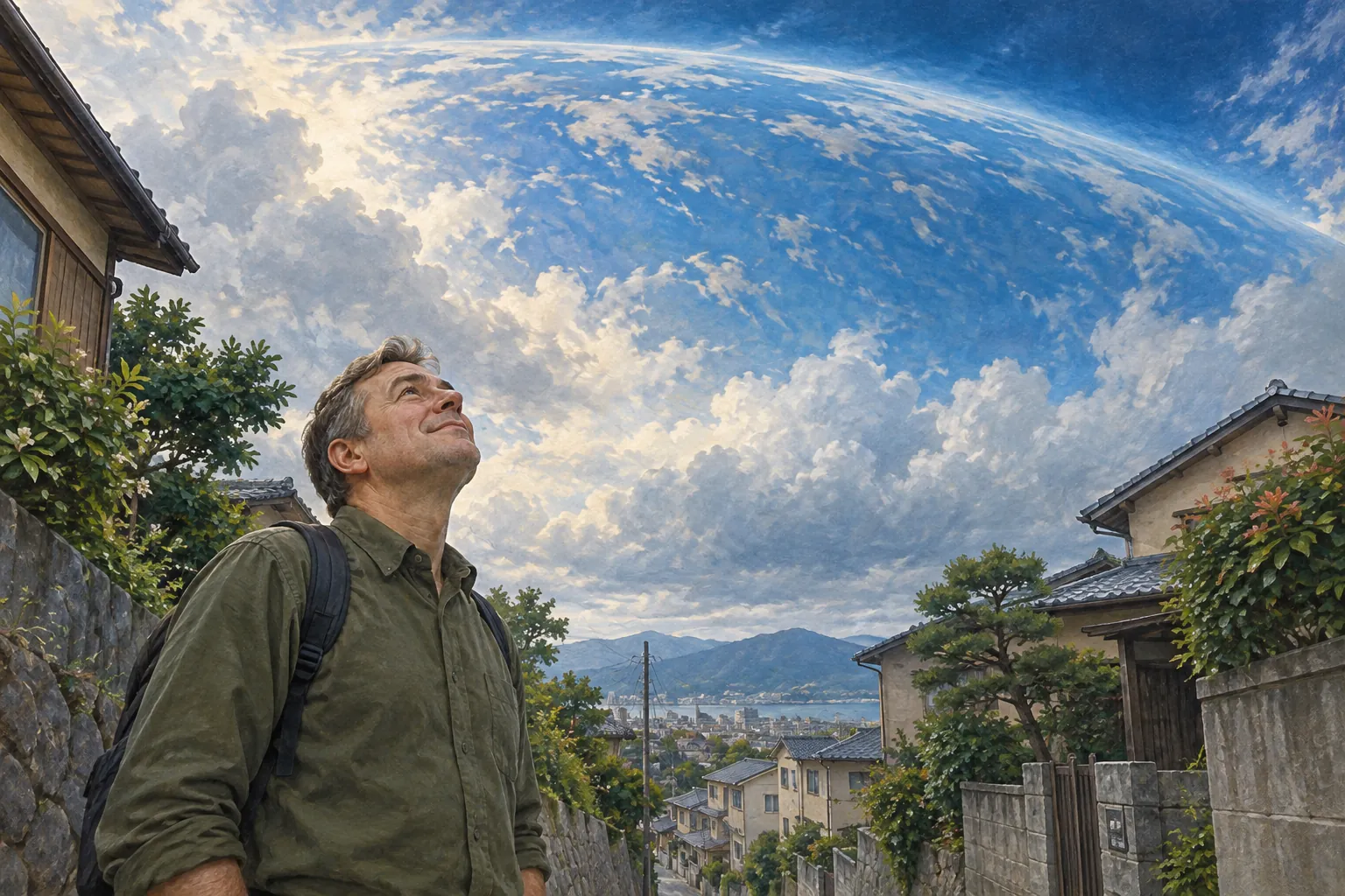 An ordinary man in an olive shirt looks upward beneath a vast curved blue sky above a Japanese residential lane.
