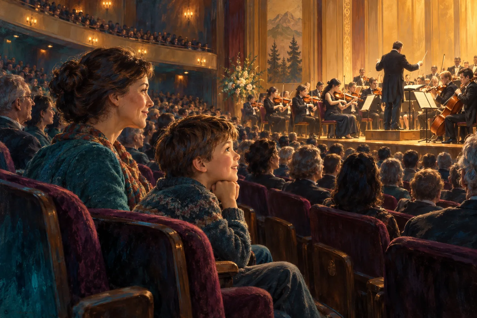 A mother and her attentive young son watch an orchestra from among a crowded audience in a golden concert hall.