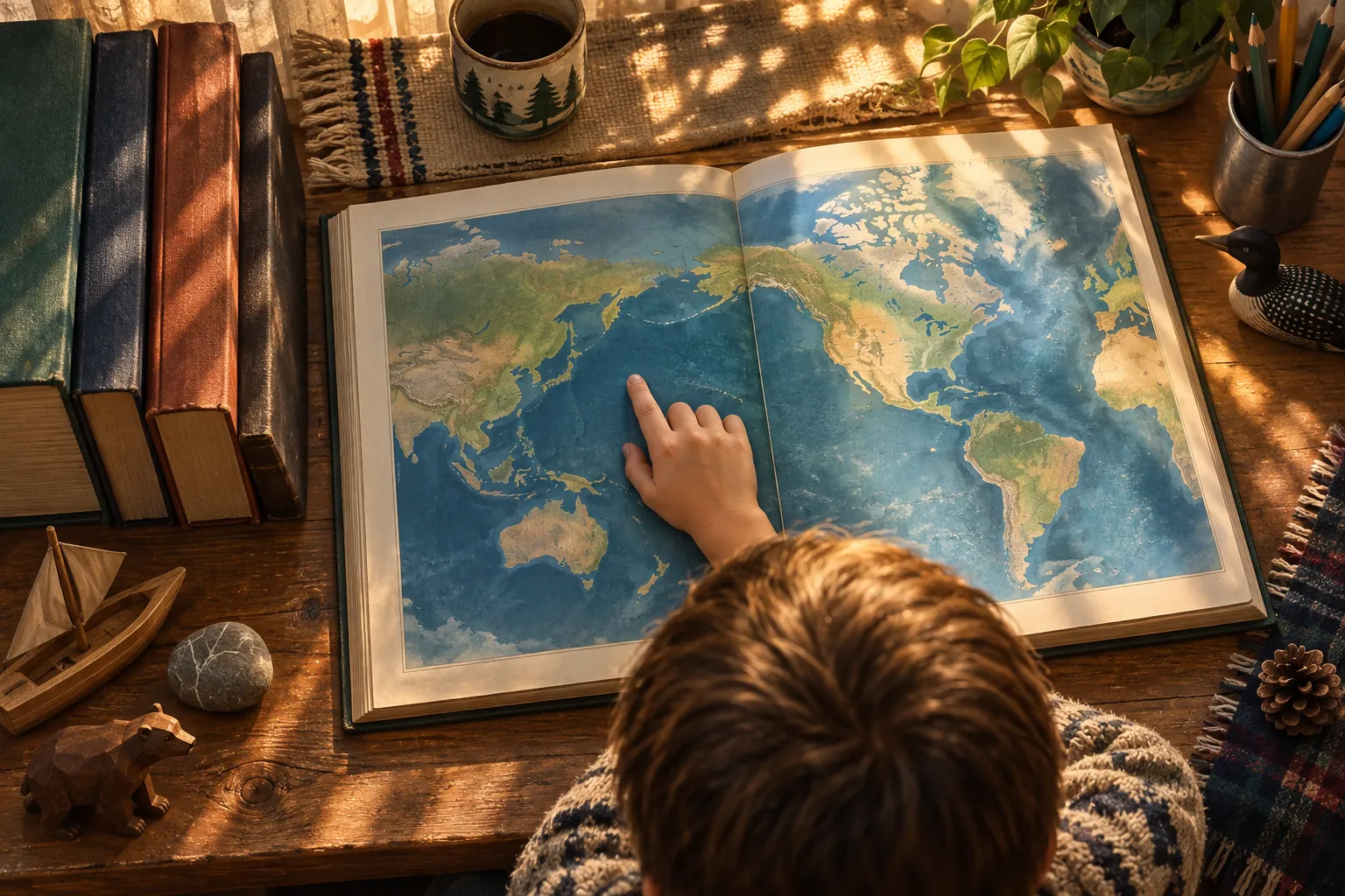 A child points across an unlabelled Pacific-centred map in an open encyclopedia beside several well-used reference books.