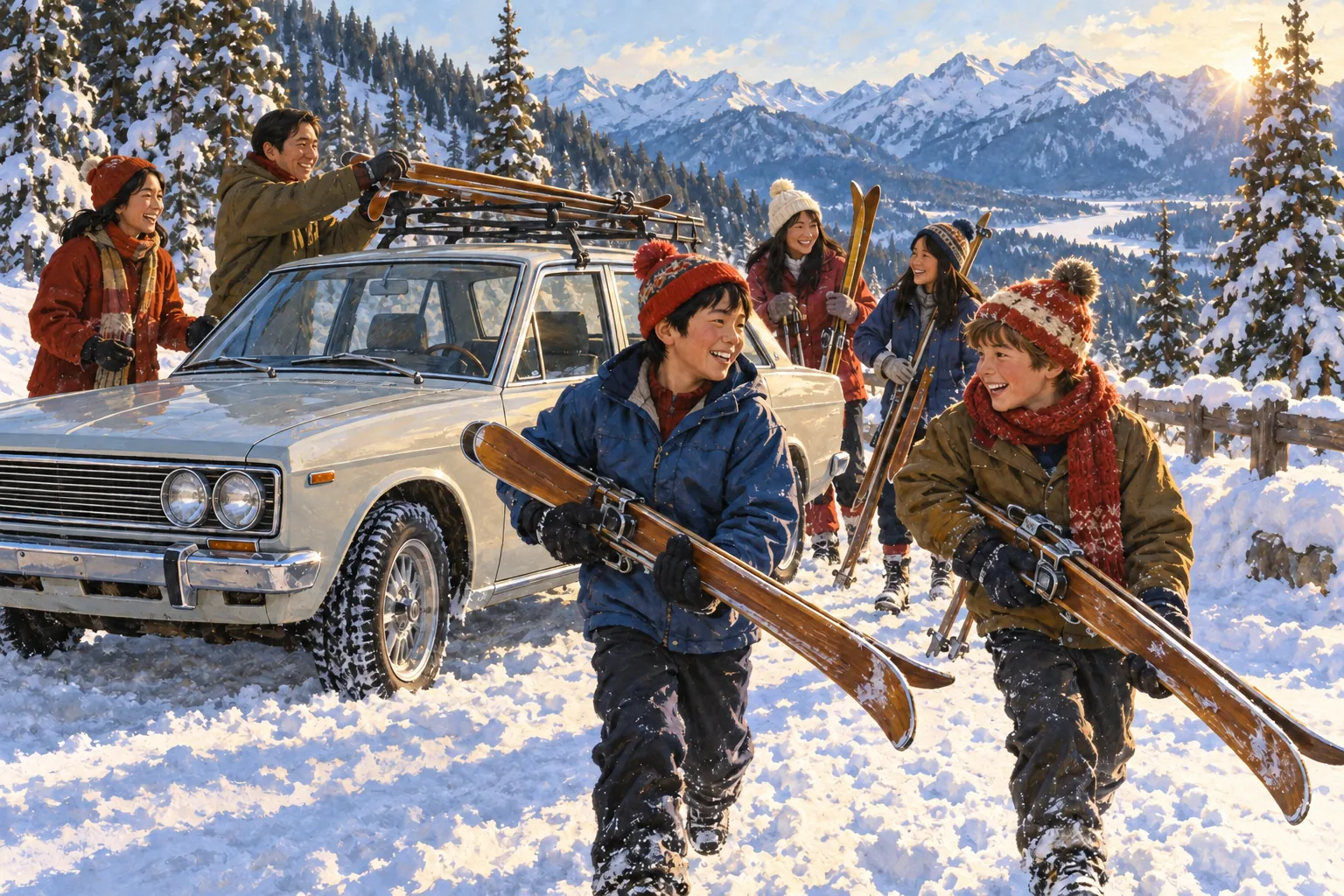 Two boys carry wooden skis beside a white sedan while four family members prepare for skiing against snowy British Columbia mountains.