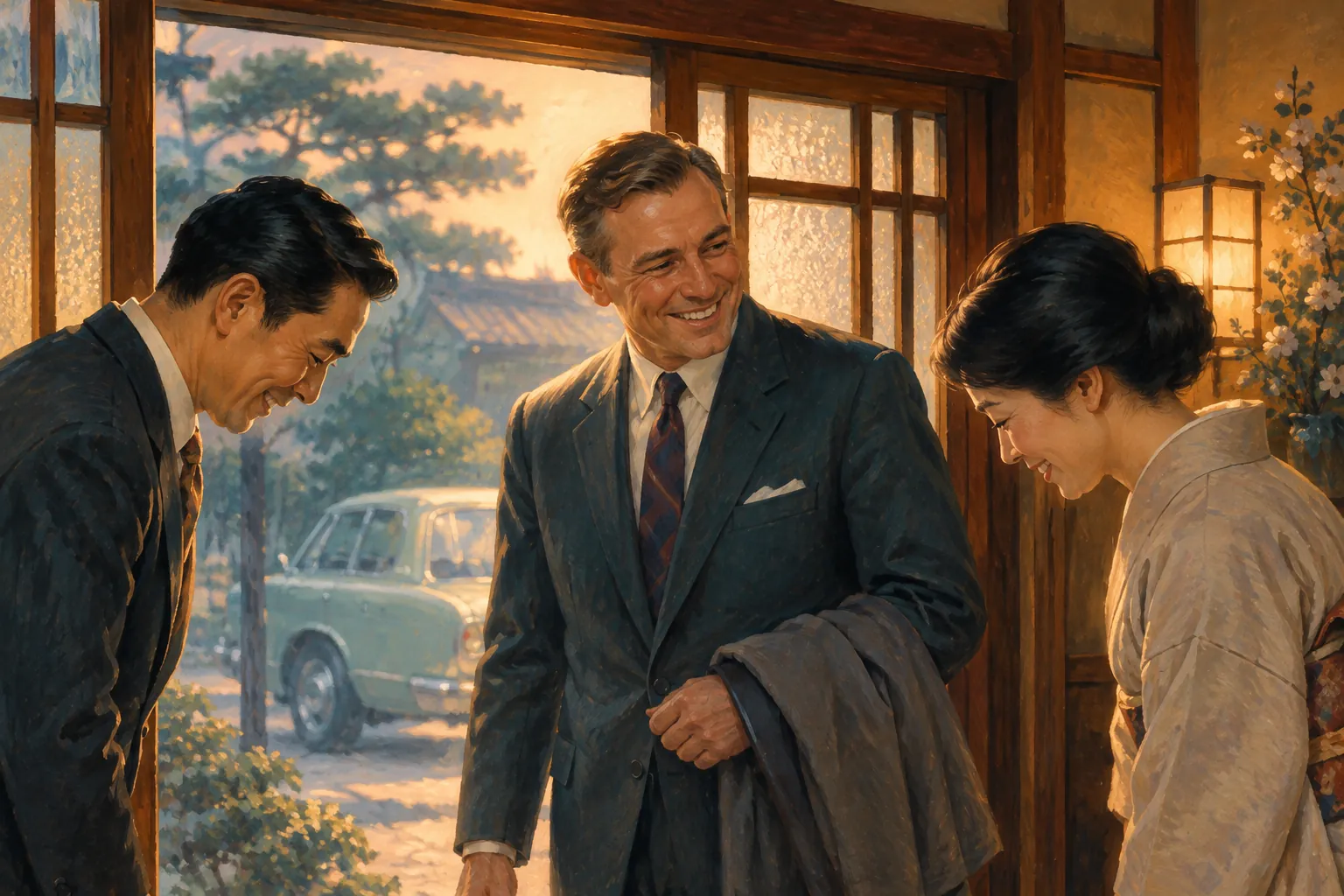 A smiling Canadian visitor is warmly greeted by two Japanese hosts near a wooden doorway, with a period sedan visible outside.