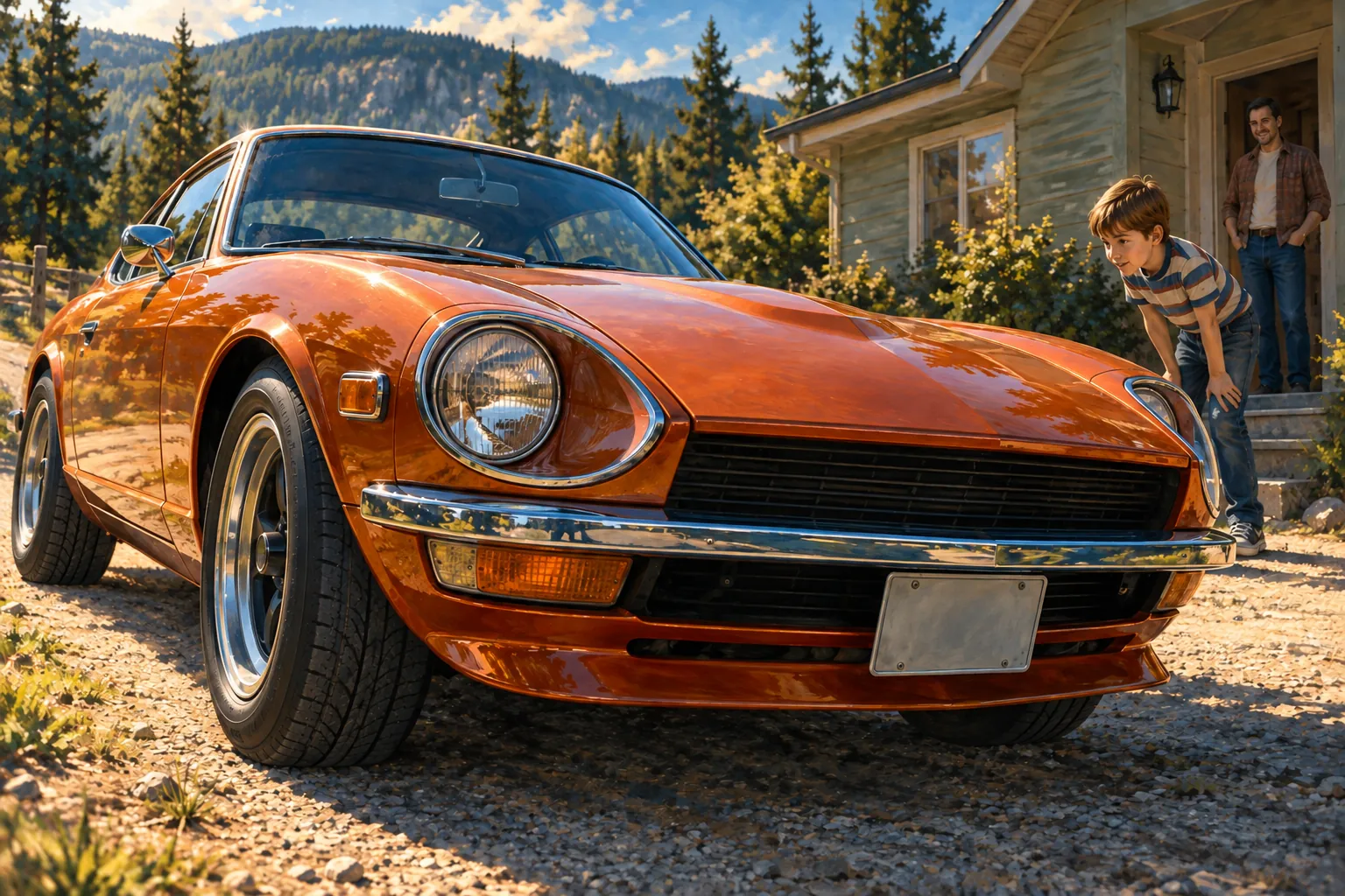 An orange vintage sports coupe fills the foreground as a young boy leans toward it and his father watches from a nearby doorway.