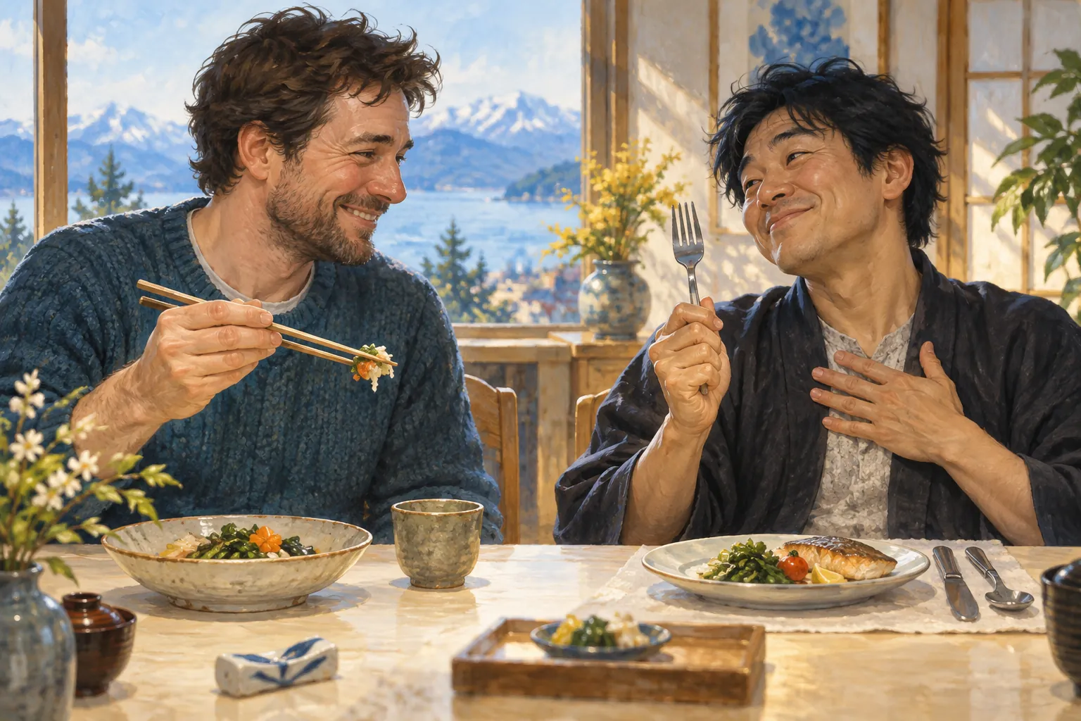 Two men exchange amused smiles over a meal, one holding chopsticks and the other raising a fork beside a knife and spoon.