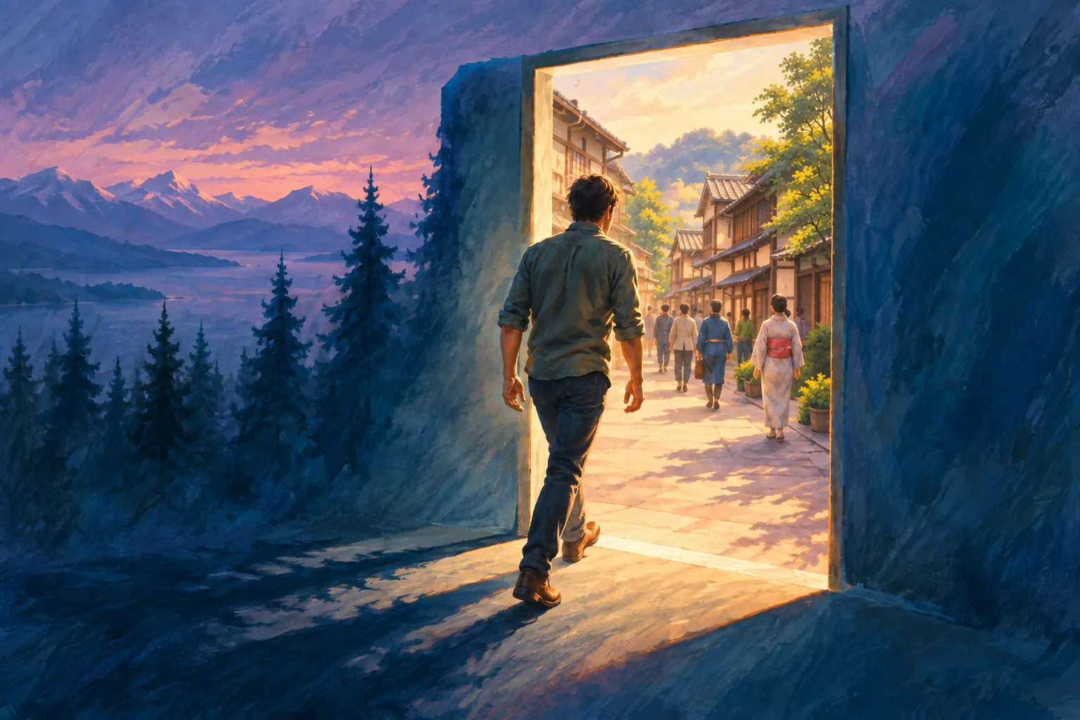 A young man steps through a luminous doorway from blue mountain shadows into a warm Japanese street with people walking ahead.