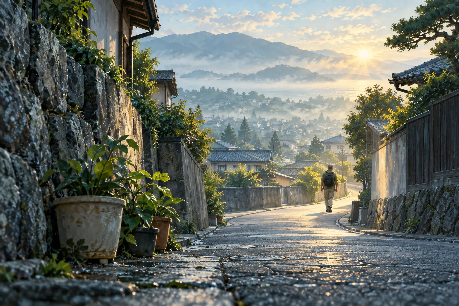 A small solitary walker follows a curving Japanese lane between stone walls and green plants toward a misty sunlit town.