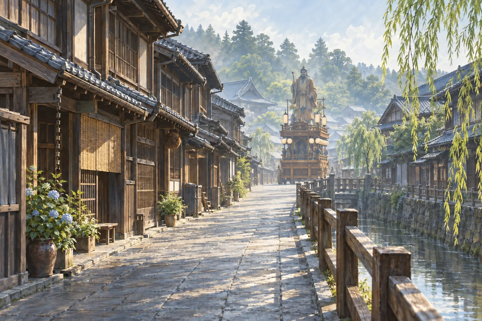 柔らかな夏の朝の光に包まれた水辺の古い木造の町並みの奥に、大きな人形を載せた山車が見える。