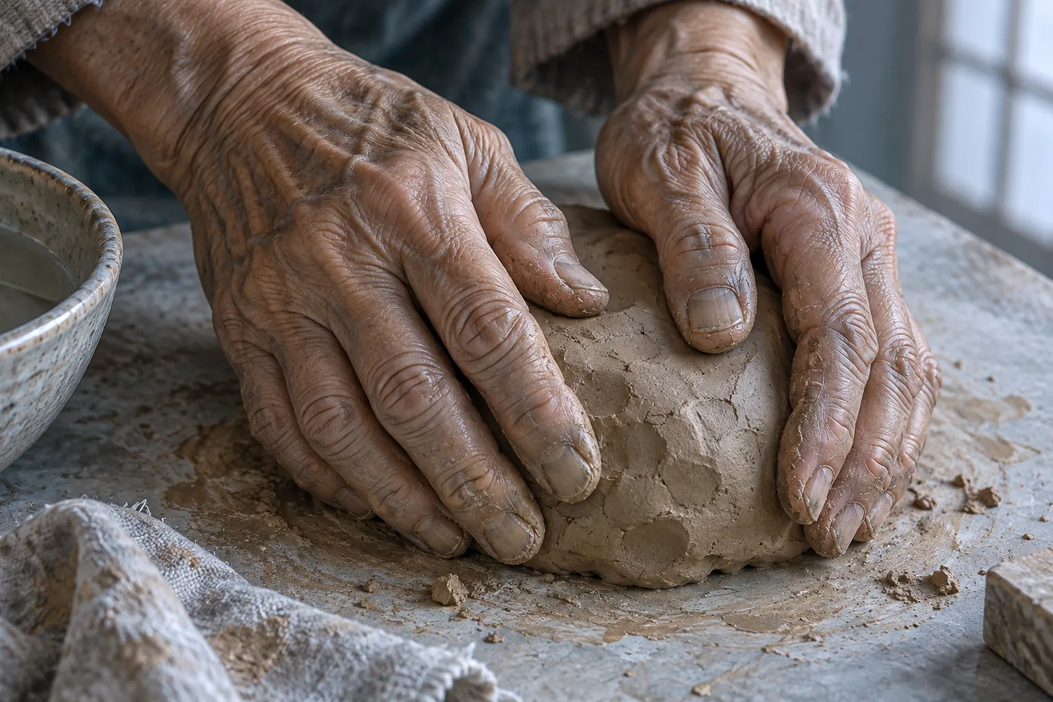 Two weathered hands press into fresh clay on a work surface, leaving the first deep marks.