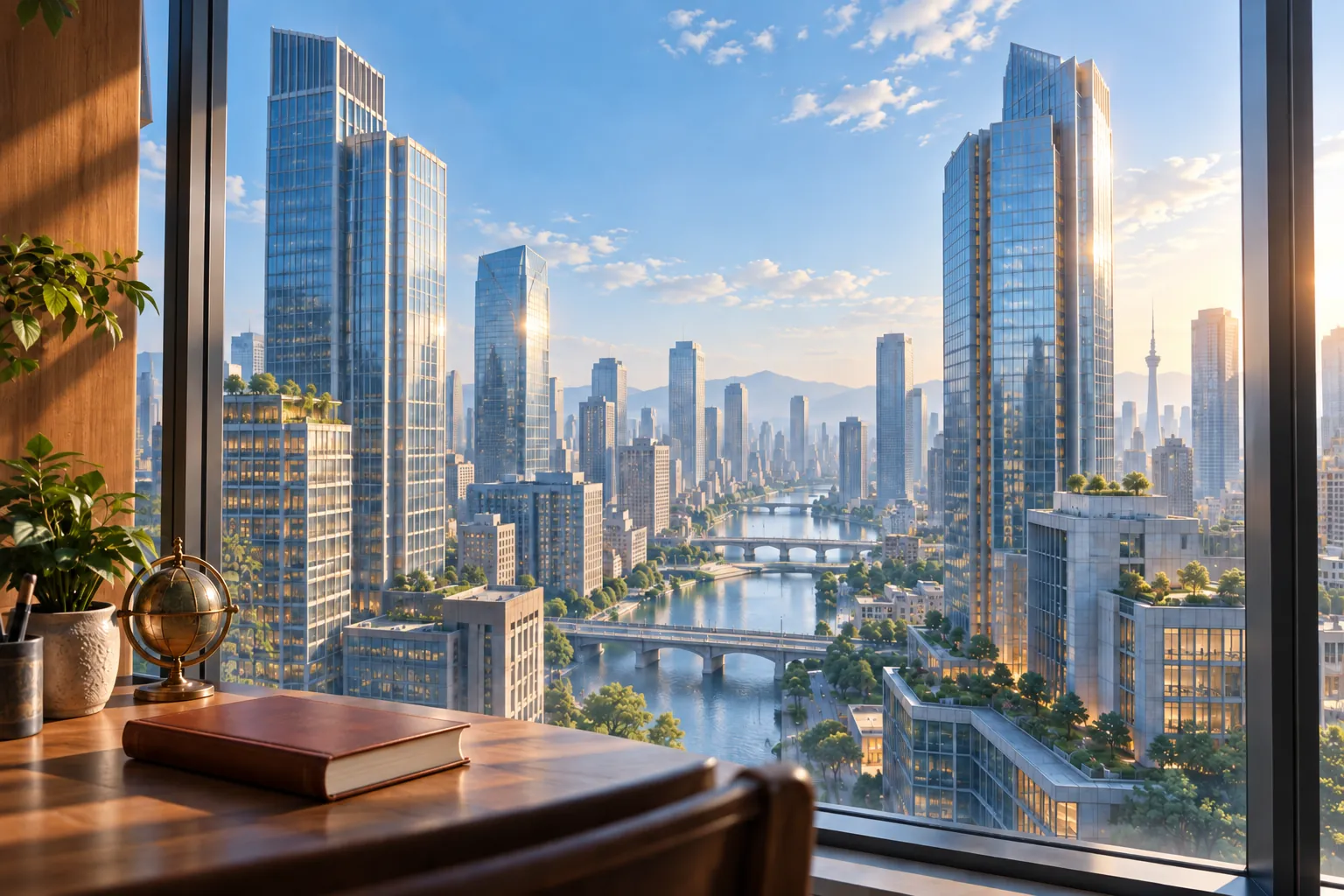 Graceful modern buildings rise above a Japanese city, seen past a quiet academic desk and a closed book.