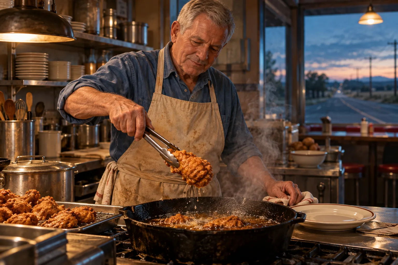 An older cook lifts crisp fried chicken from a pan in a modest American roadside kitchen as steam catches warm light.