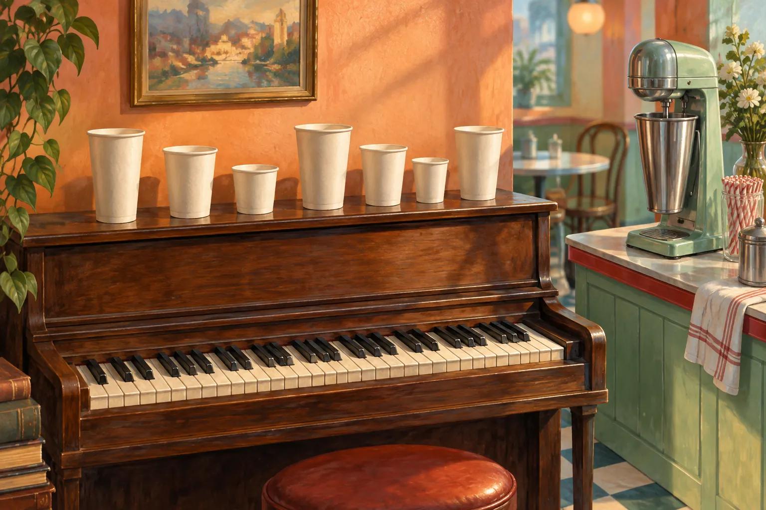 Unmarked paper cups form a playful rhythm beside a piano keyboard and a vintage milkshake mixer.