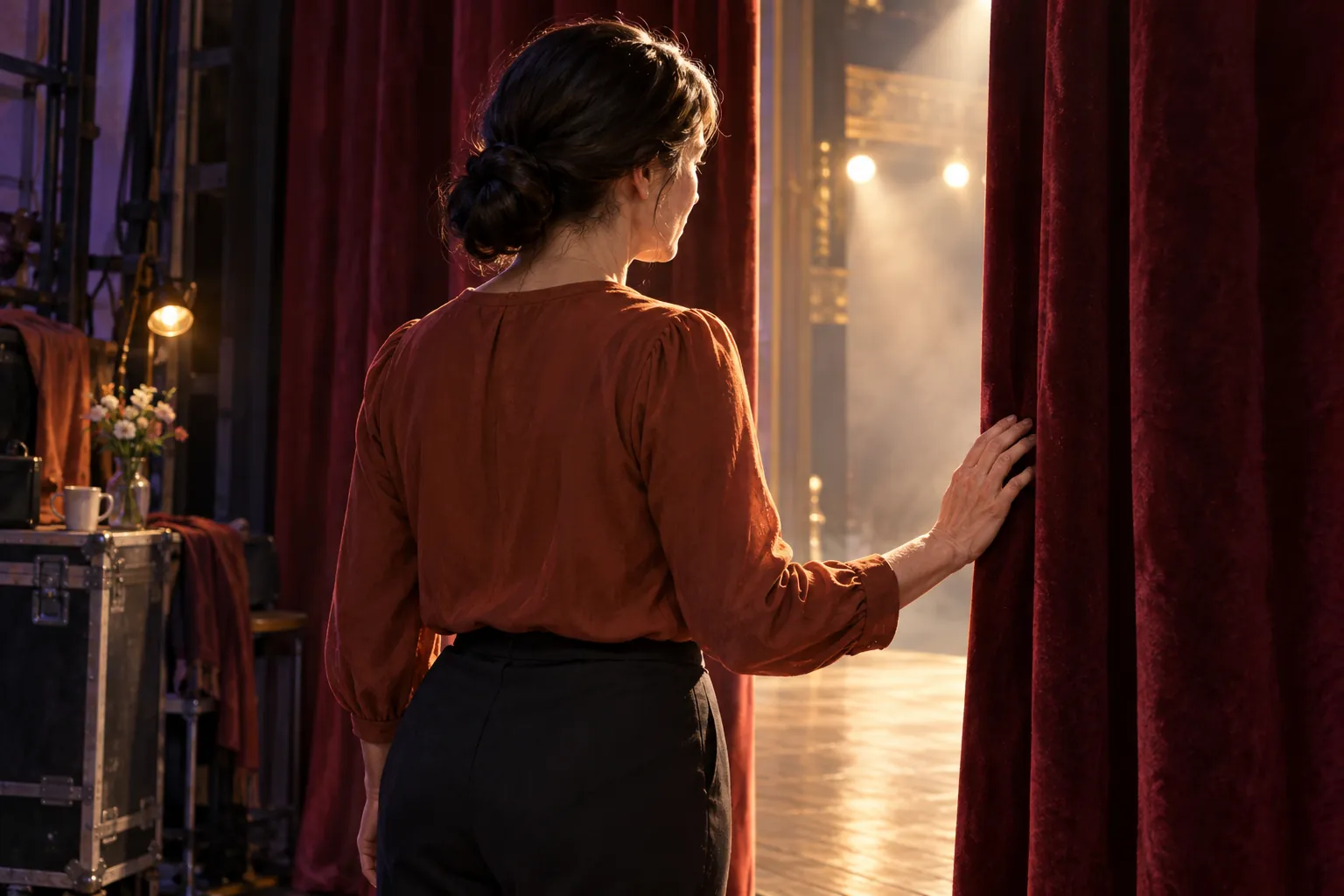 An anonymous middle-aged woman waits at a theatre curtain, turning toward the bright opening of the stage.