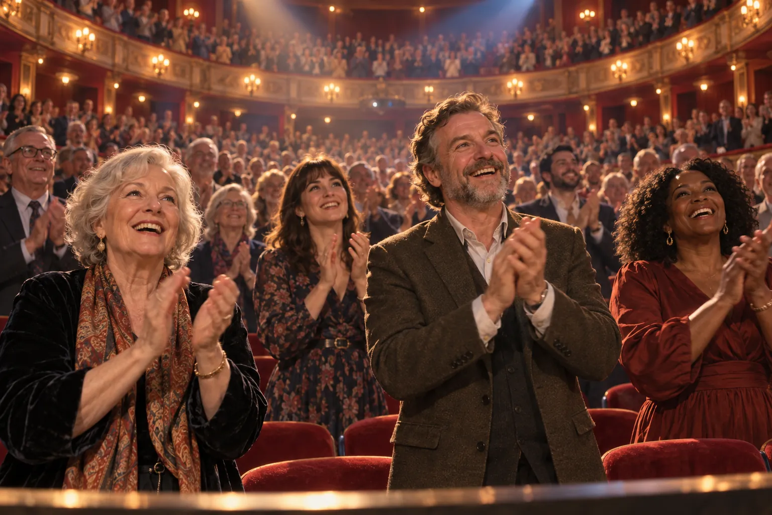 Rows of theatre spectators rise and applaud, their surprised faces lit warmly from the unseen stage.