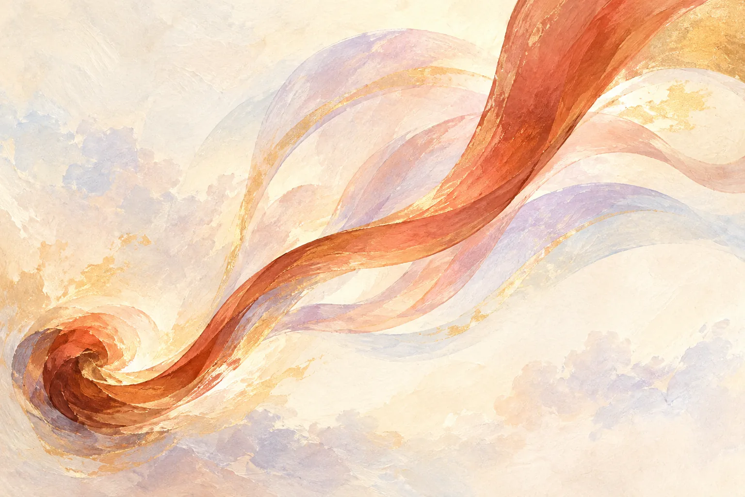A warm ribbon of color expands from a quiet center into luminous, overlapping echoes across a pale field.