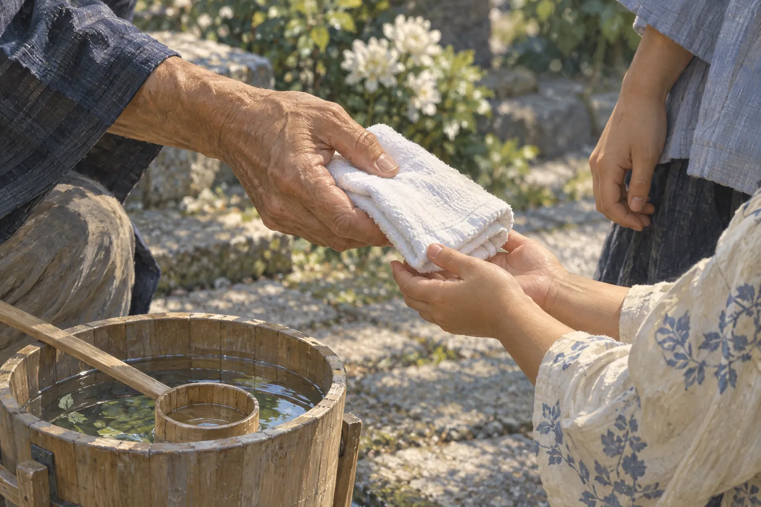 水桶と白い花のそばで、年配の人の手が若い人の手へ畳んだ白い布を渡している。