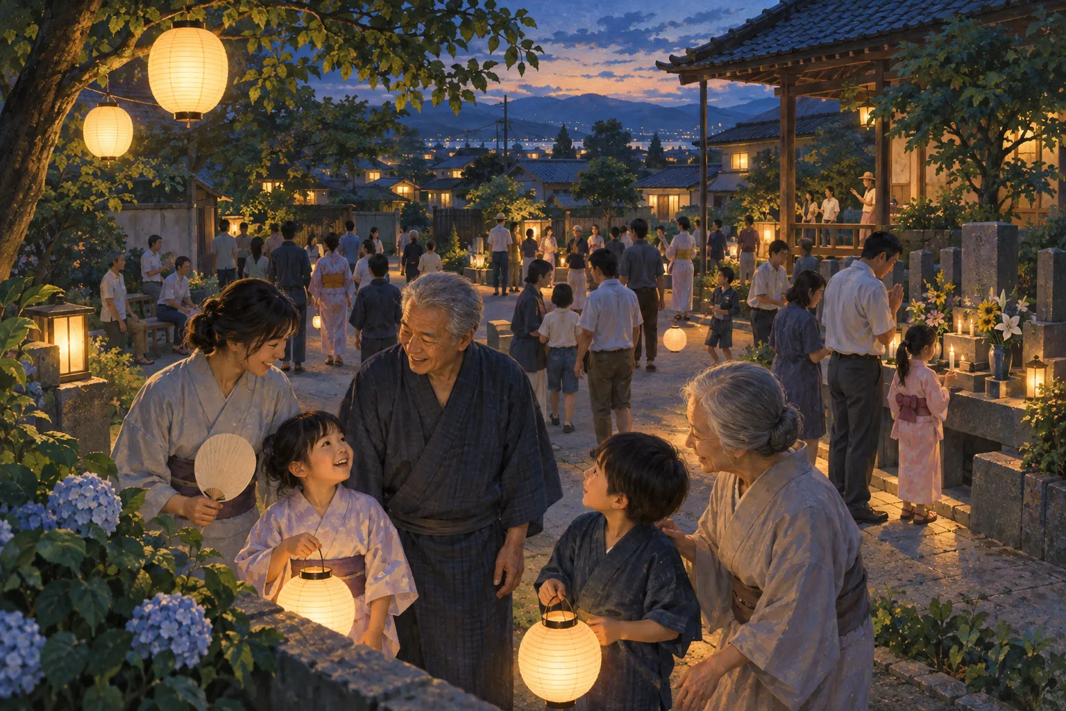 日本の夏の夕暮れに、子どもからお年寄りまで家族連れが提灯と花の間に集まり、温かな光に包まれている。