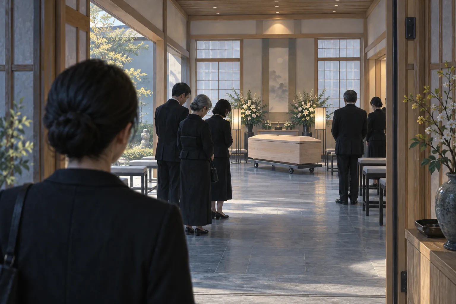 柔らかな昼の光が差す葬儀の部屋で、親族が閉じられた白木の棺のそばに立ち、参列者が入口で足を止めている。