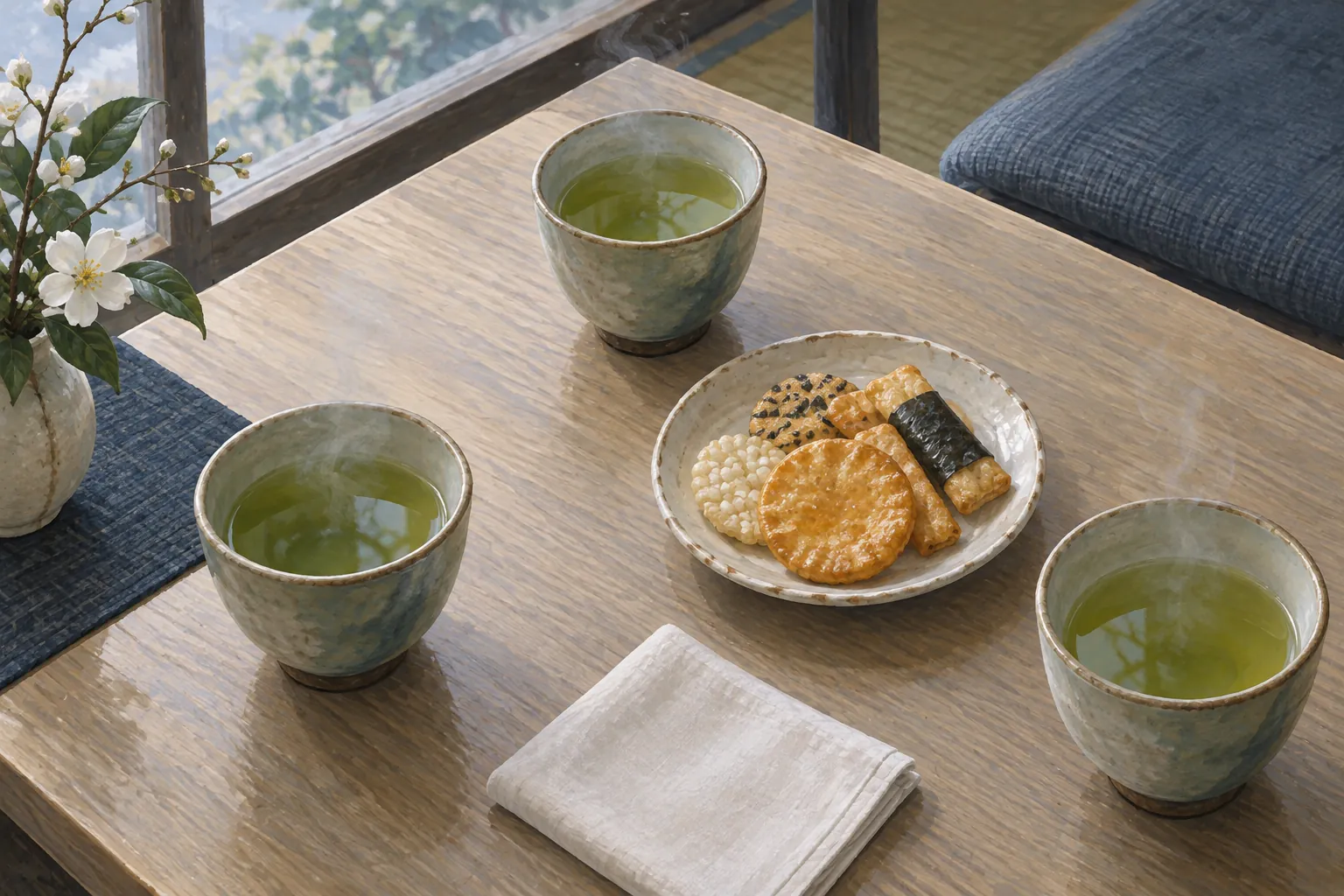 淡い色の木の卓に三つの湯呑みの緑茶とせんべいの皿が置かれ、そのそばに白い布が畳まれている。